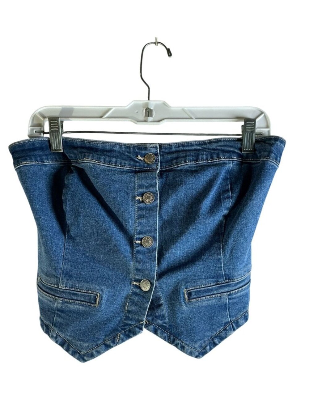 Love Tree Women’s Light Blue Denim Strapless Corset Crop Top | Smocked Back | Si